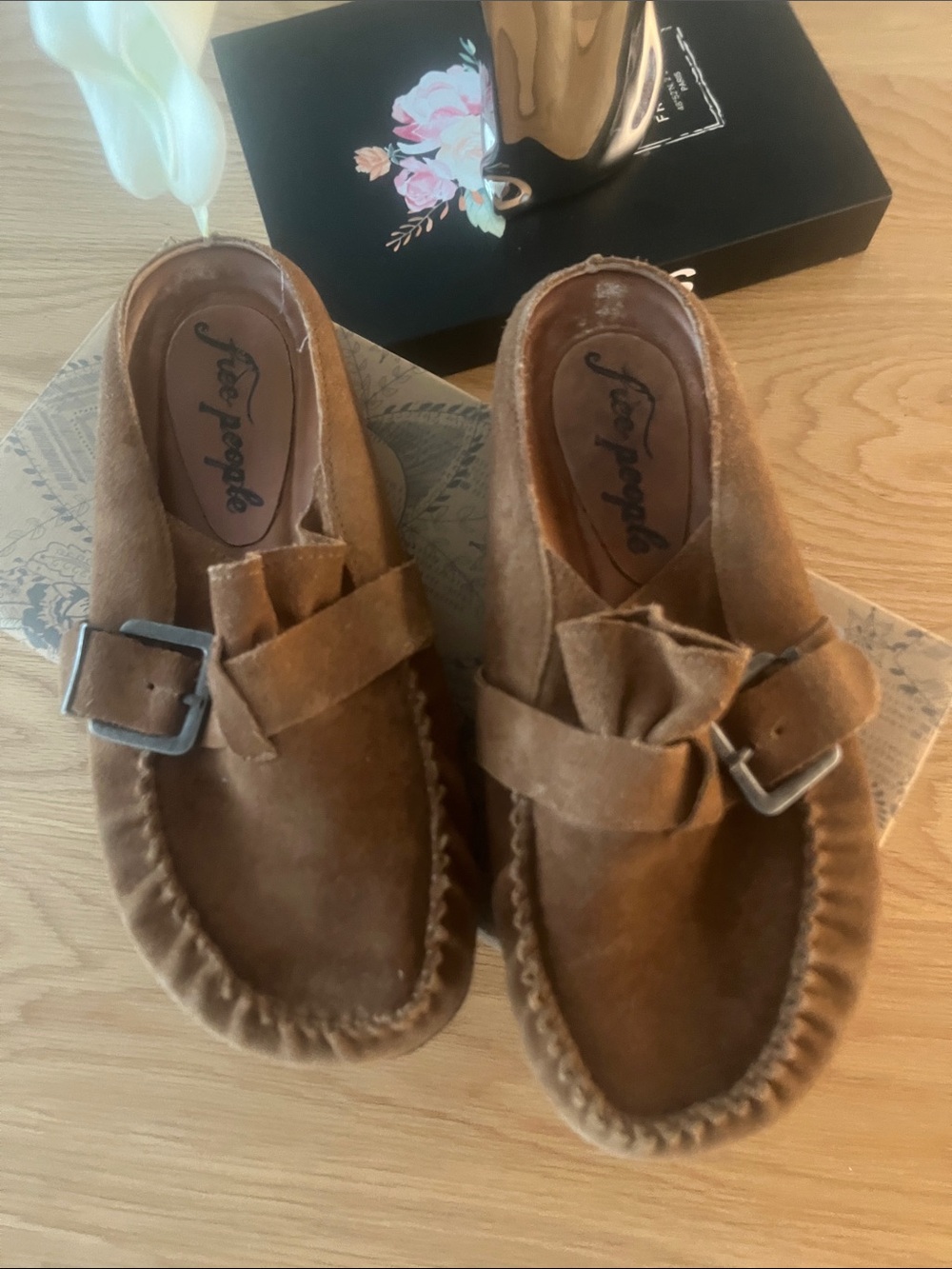 Free People Brown Suede Slip-On Mules with Buckle Detail - Picture 3 of 5